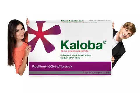 Kaloba tablety dospělí žena a muž vykukují zpoza krabičky