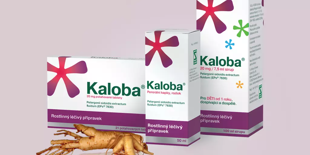 Kaloba kapky, Kaloba sirup, Kaloba tablety a kořen pelargonie sidoides na růžovém pozadí